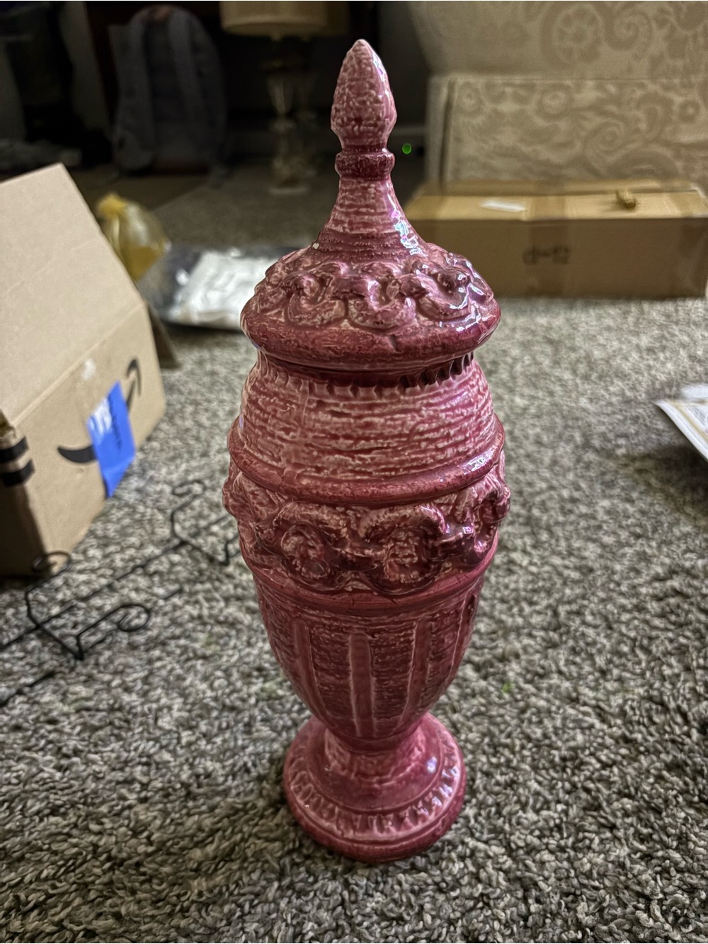 Ornate Pink Ceramic Decorative Urn with Finial Lid